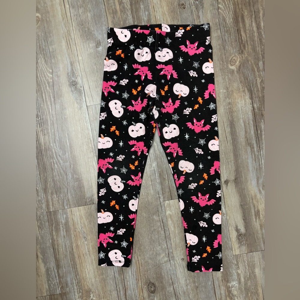 Kids Black Halloween Pumpkin & Bat Print Leggings size 5/6
